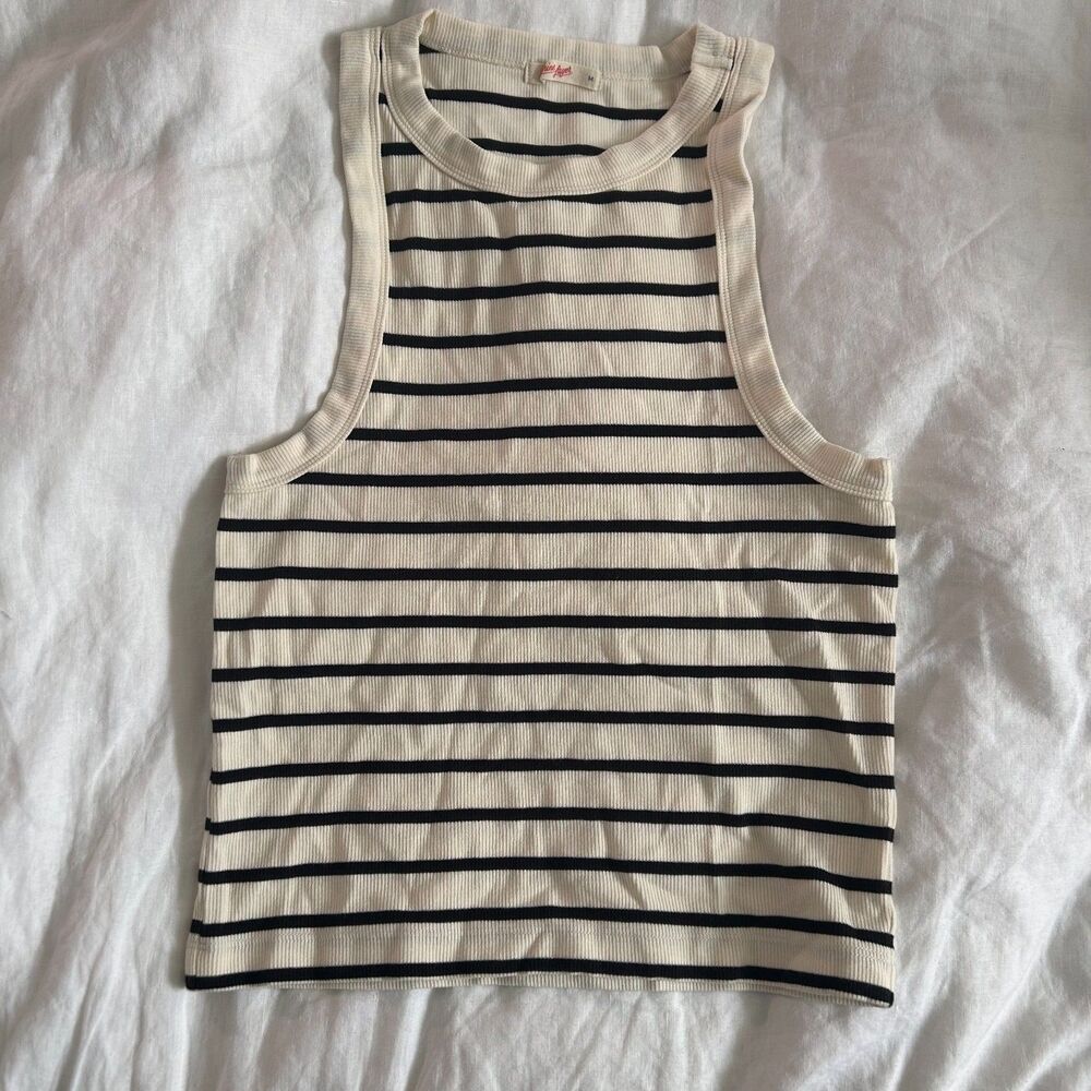 Marine Layer Lexi Rib High Neck Tank Cream Black Stripe Cropped Fitted Size M